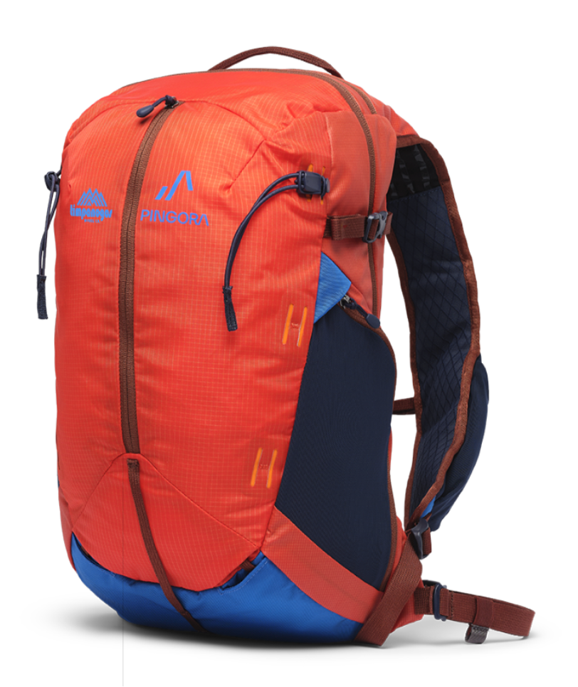 Timpanogos X Pingora backpack in vibrant red and blue, with side compression straps and ergonomic back panel, designed for durability on the trail