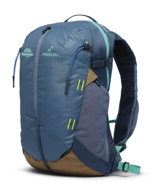 Timpanogos X Pingora hiking backpack in deep blue with green and tan accents, featuring adjustable straps and side compression, perfect for your next outdoor adventure