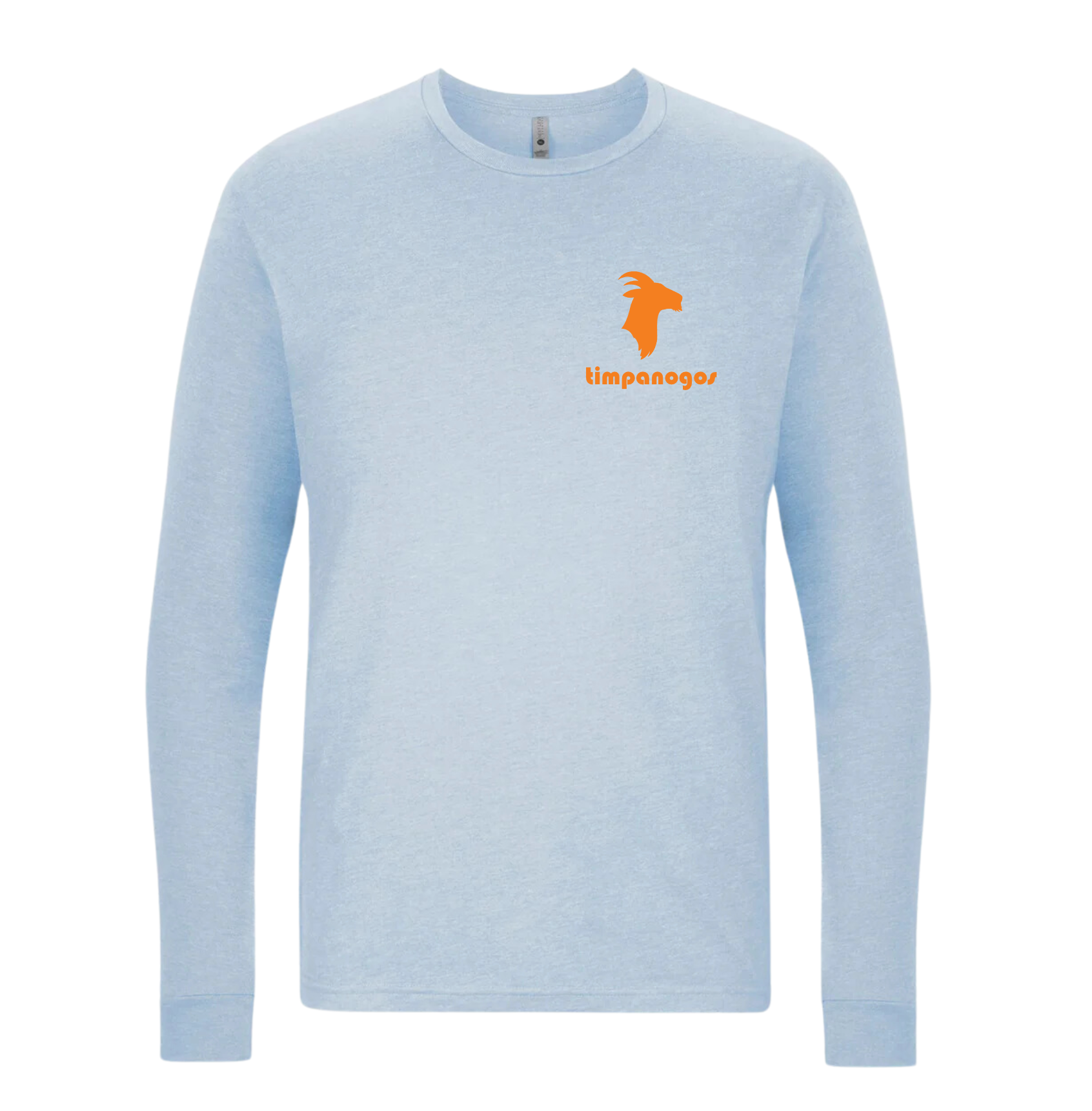A long sleeve blue t-shirt with a small burnt orange goat graphic on the chest area, with the brand name 'Timpanogos' visible.