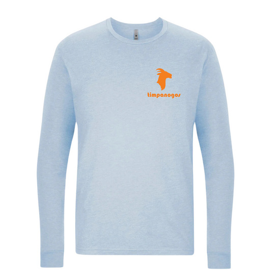 A long sleeve blue t-shirt with a small burnt orange goat graphic on the chest area, with the brand name 'Timpanogos' visible.
