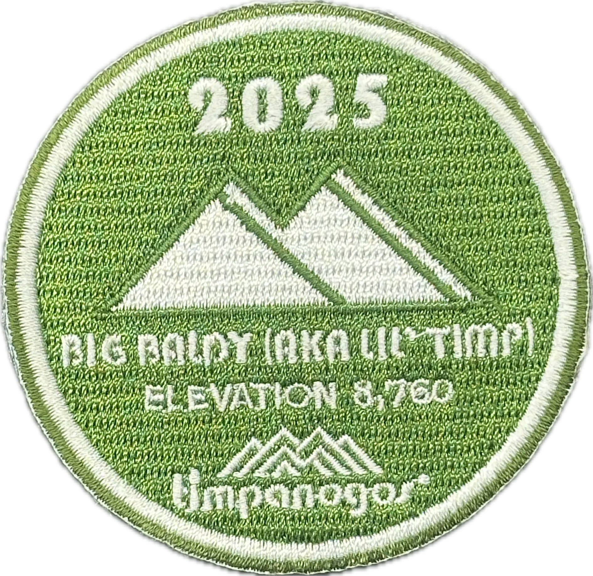 2025 Timpanogos "Big Baldy (aka Lil' Timp)" patch in green and white, featuring the mountain design with "Big Baldy (aka Lil' Timp)" at an elevation of 8,760 feet, with the Timpanogos Hiking Co. logo at the bottom.