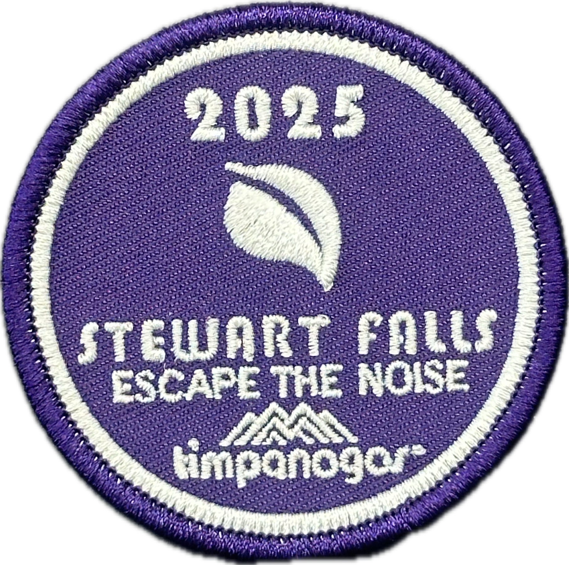 2025 Timpanogos "Stewart Falls" patch in rich purple with white embroidery. Displays a minimalist leaf graphic, the phrase "Escape the Noise," and the Timpanogos Hiking Co. logo beneath.