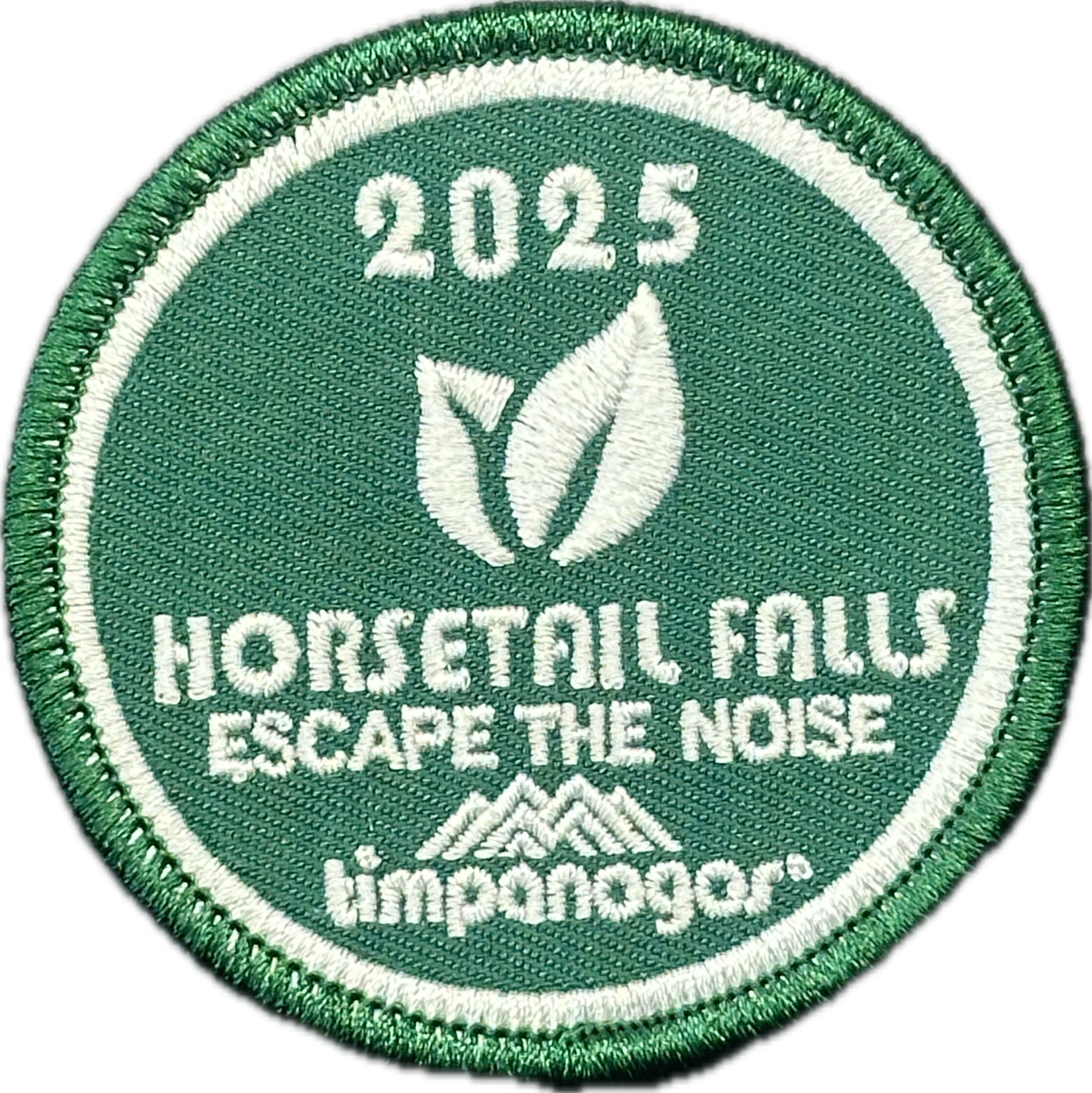 2025 Timpanogos "Horsetail Falls" patch in forest green with white embroidery. Features a dual-leaf icon, the words "Escape the Noise," and the Timpanogos Hiking Co. logo at the base.