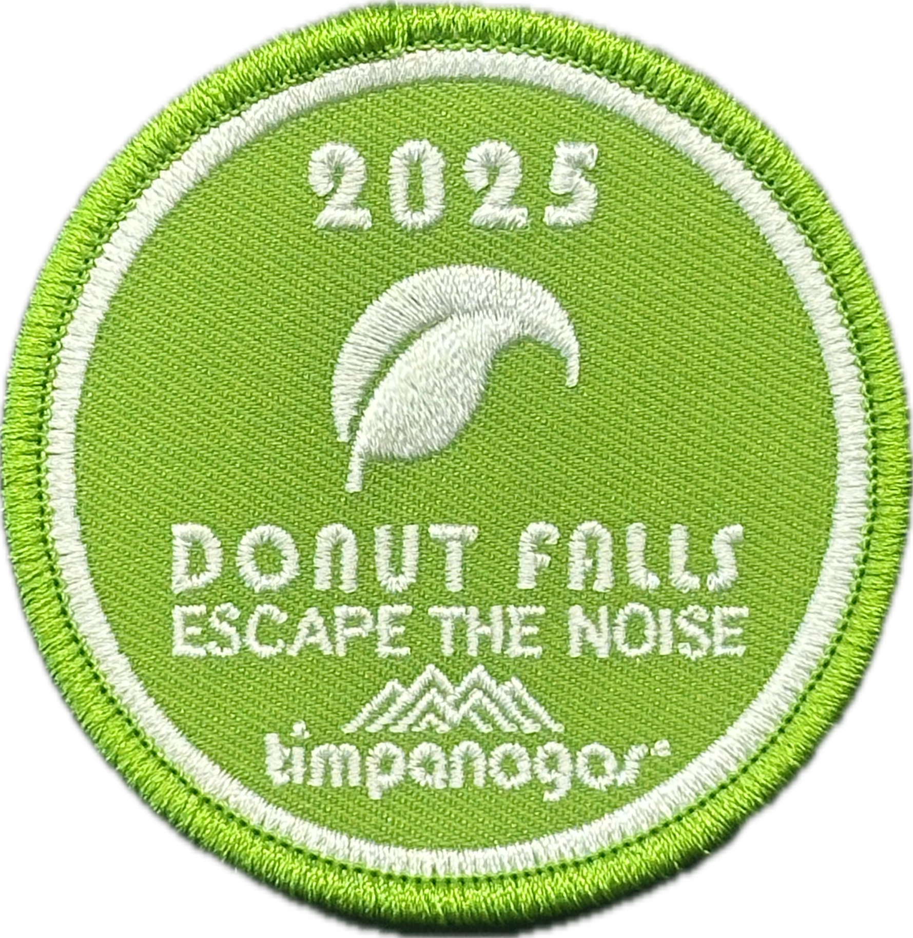 2025 Timpanogos "Donut Falls" patch in vibrant lime green with white embroidery. Features a single leaf graphic, the phrase "Escape the Noise," and the Timpanogos Hiking Co. logo at the bottom.