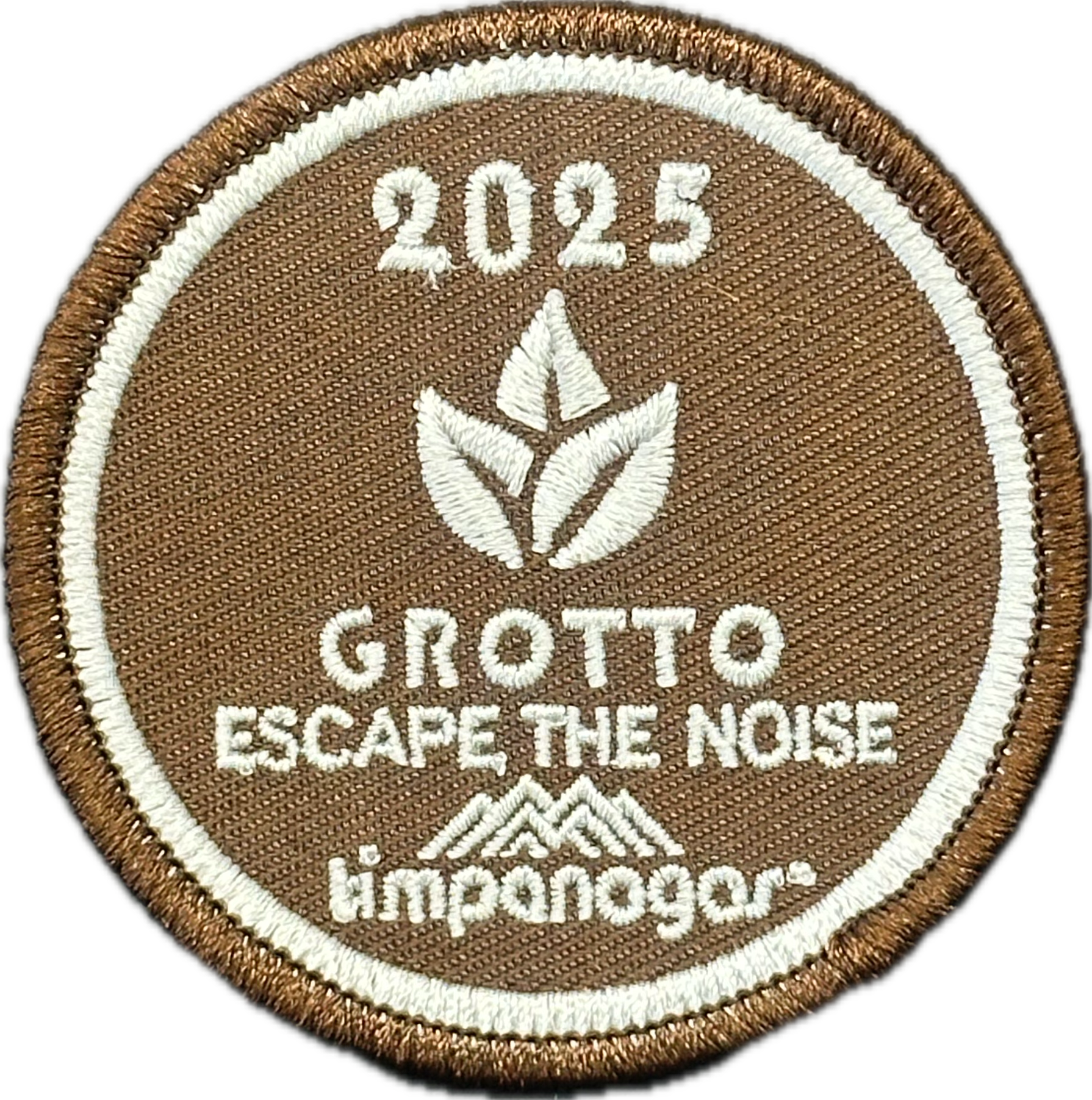 2025 Timpanogos "Grotto" patch in earthy brown with white embroidery. Features a stylized triple-leaf icon above the phrase "Escape the Noise" and the Timpanogos Hiking Co. mountain logo at the bottom.