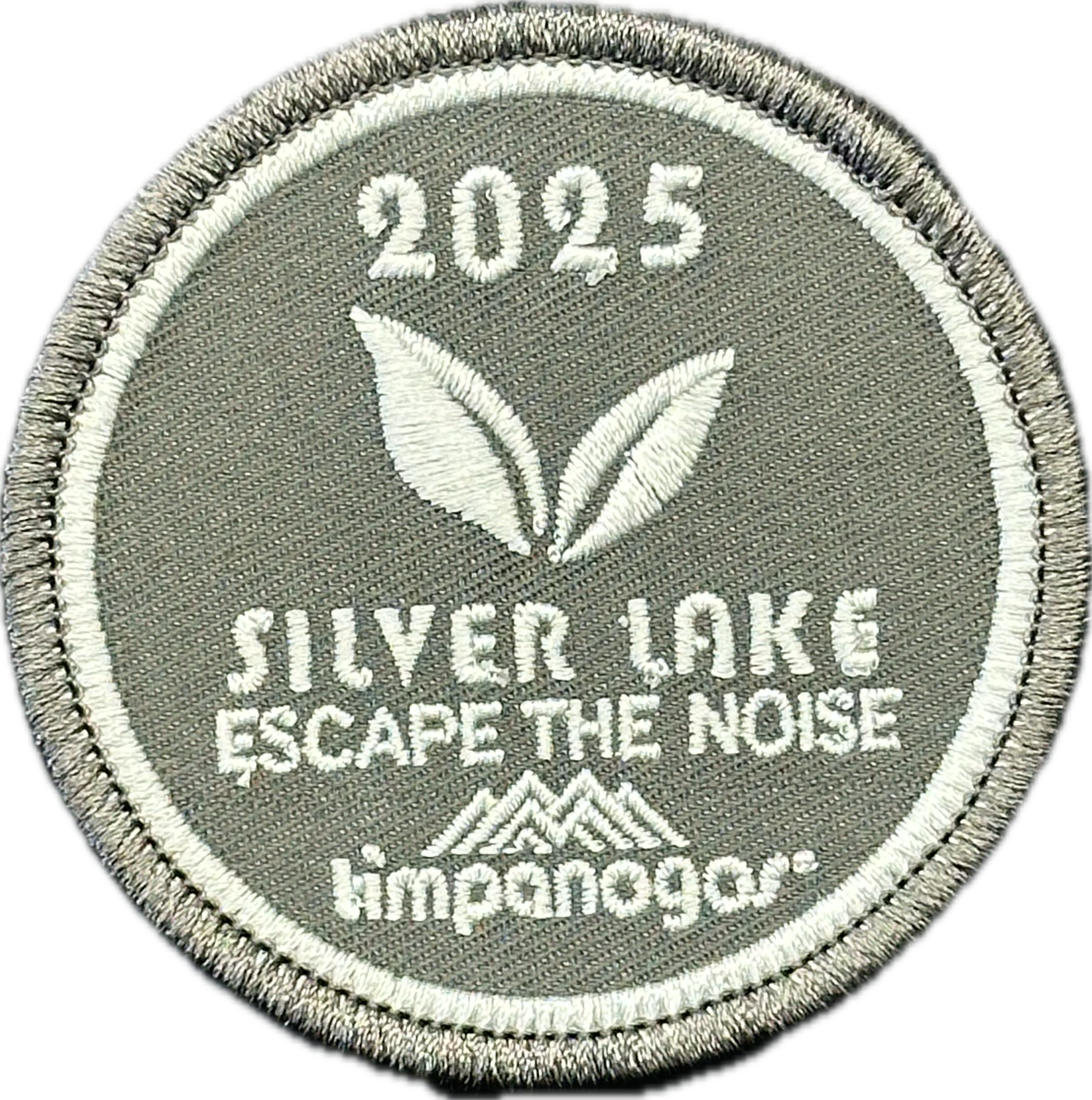 2025 Timpanogos "Silver Lake" patch in light gray with white embroidery. Features two leaf graphics, the phrase "Escape the Noise," and the Timpanogos Hiking Co. logo at the bottom.