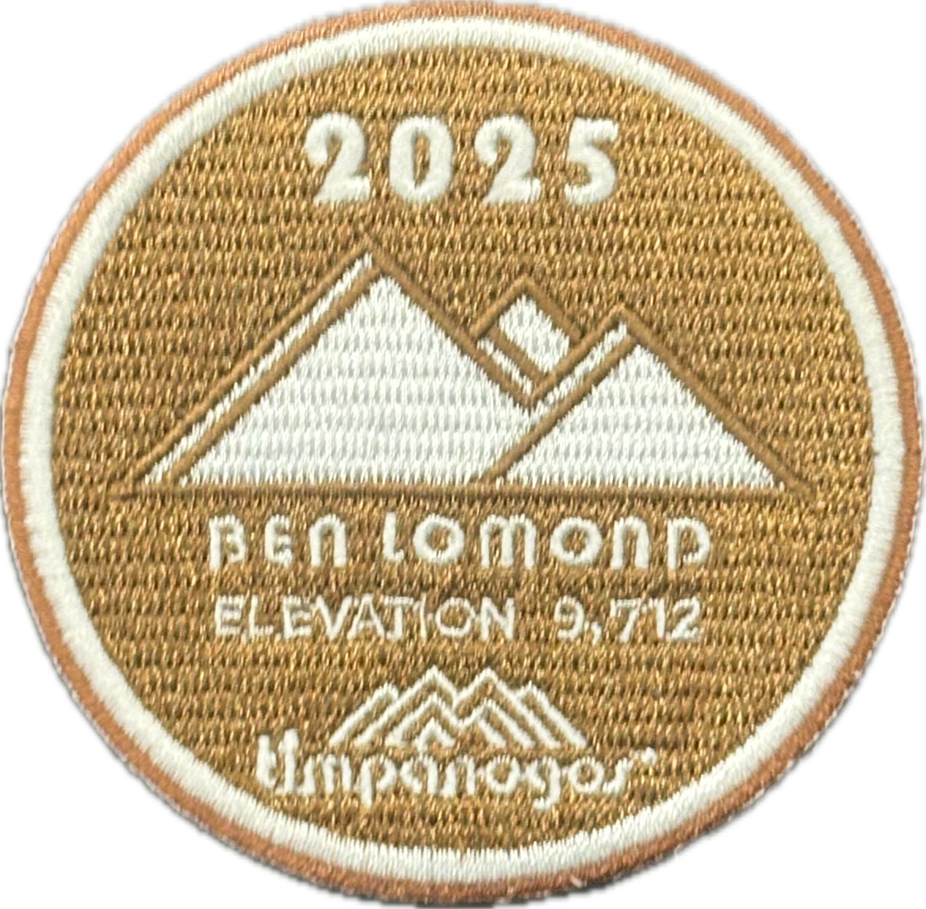 2025 Timpanogos “Ben Lomond” patch in tan with white embroidery. Features a triple peak mountain design, labeled “Ben Lomond” with an elevation of 9,712 feet, and includes the Timpanogos Hiking Co. logo below.