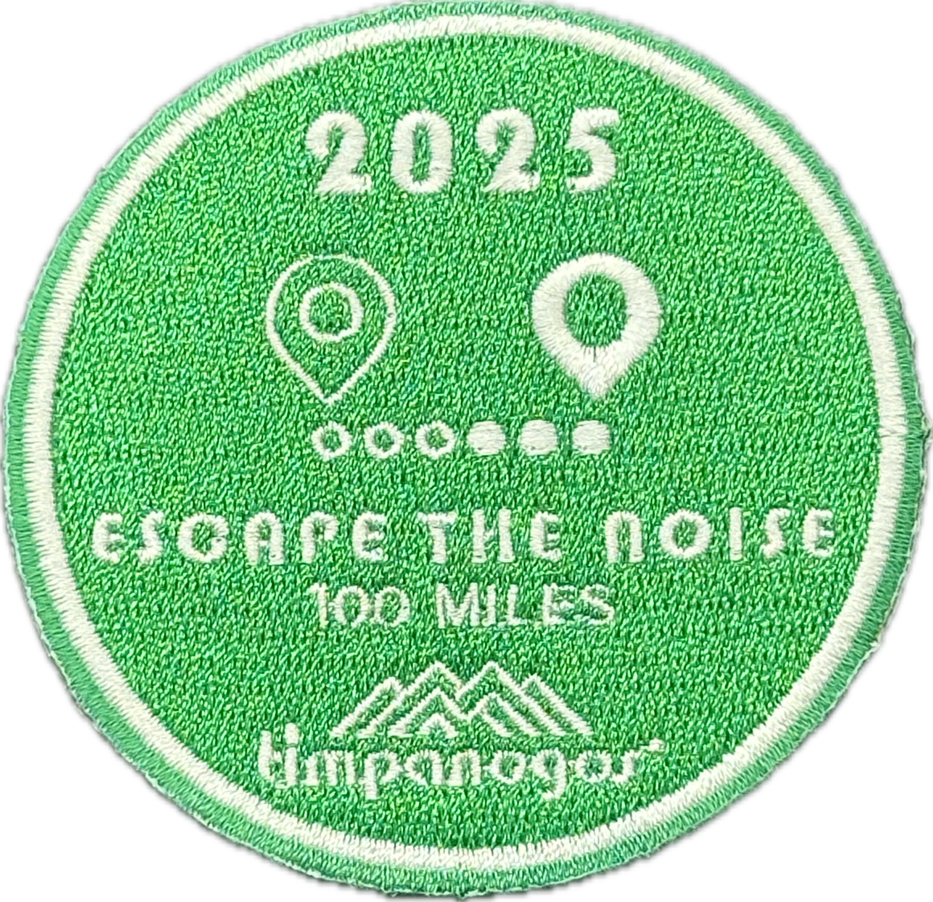 2025 Timpanogos "Escape the Noise" patch in green with white embroidery, earned for hiking 100 miles. Features a dotted path between two location icons and the Timpanogos Hiking Co. mountain logo at the bottom.