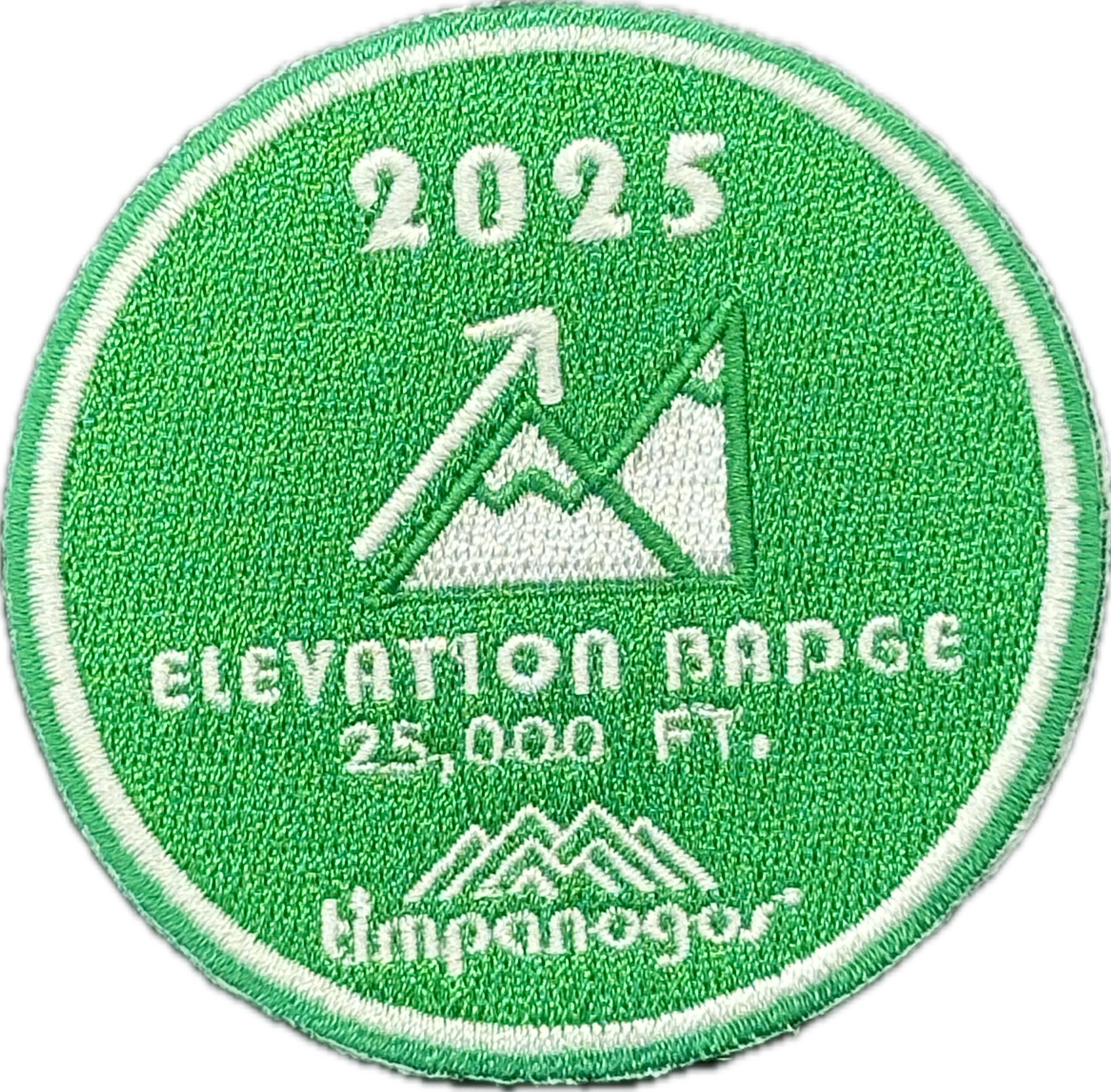 2025 Timpanogos Elevation Badge patch in bright green with white embroidery, awarded for achieving 25,000 feet of elevation gain. Features a mountain and arrow graphic with the Timpanogos Hiking Co. logo below.