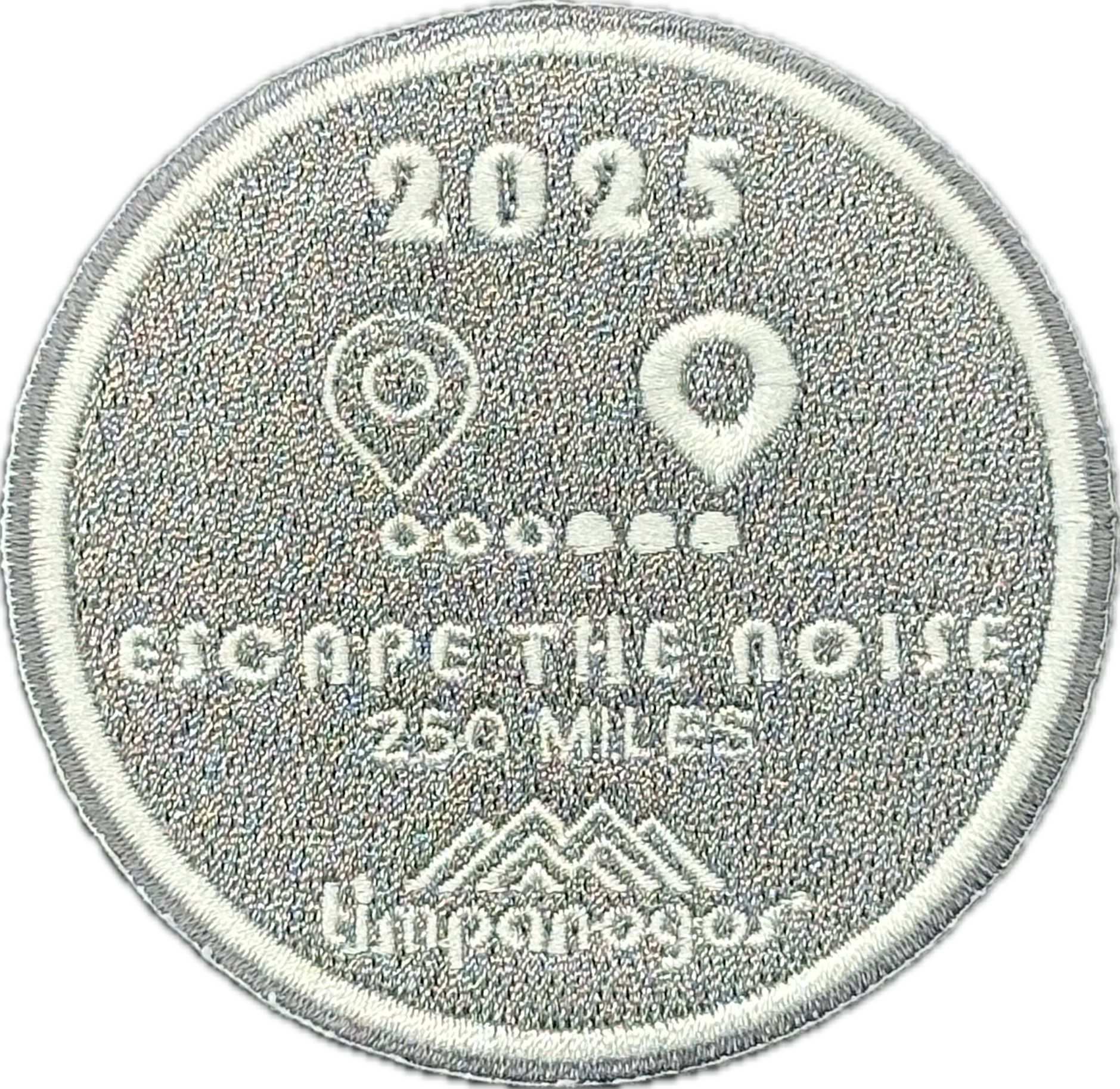 2025 Timpanogos "Escape the Noise" patch in silver with white embroidery, awarded for logging 250 miles. Features a dotted trail between two location pins and the Timpanogos Hiking Co. logo at the bottom.