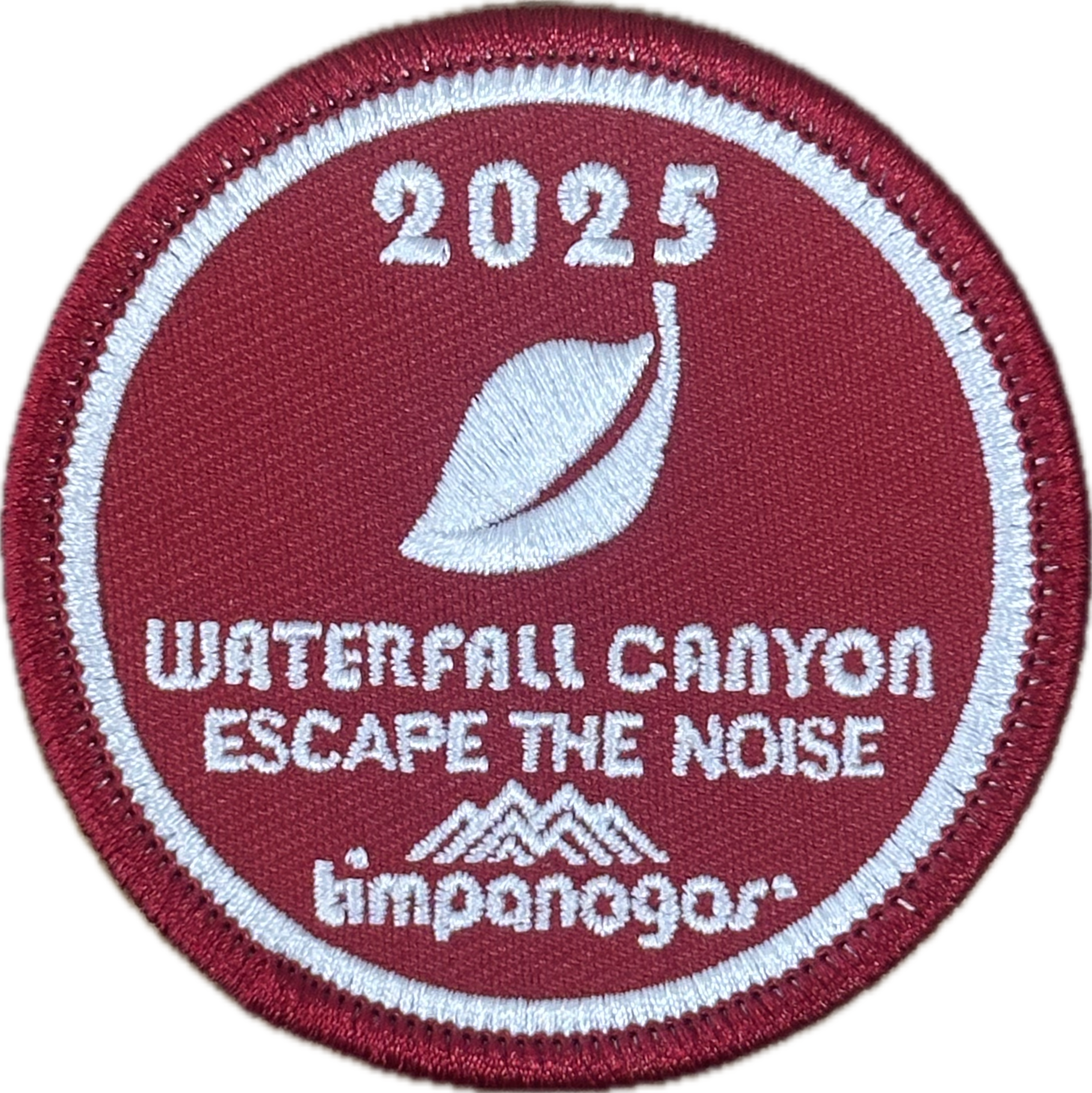 2025 Timpanogos "Waterfall Canyon" patch in deep red with white embroidery. Features a stylized leaf icon above the phrase "Escape the Noise" and includes the Timpanogos Hiking Co. mountain logo at the bottom.