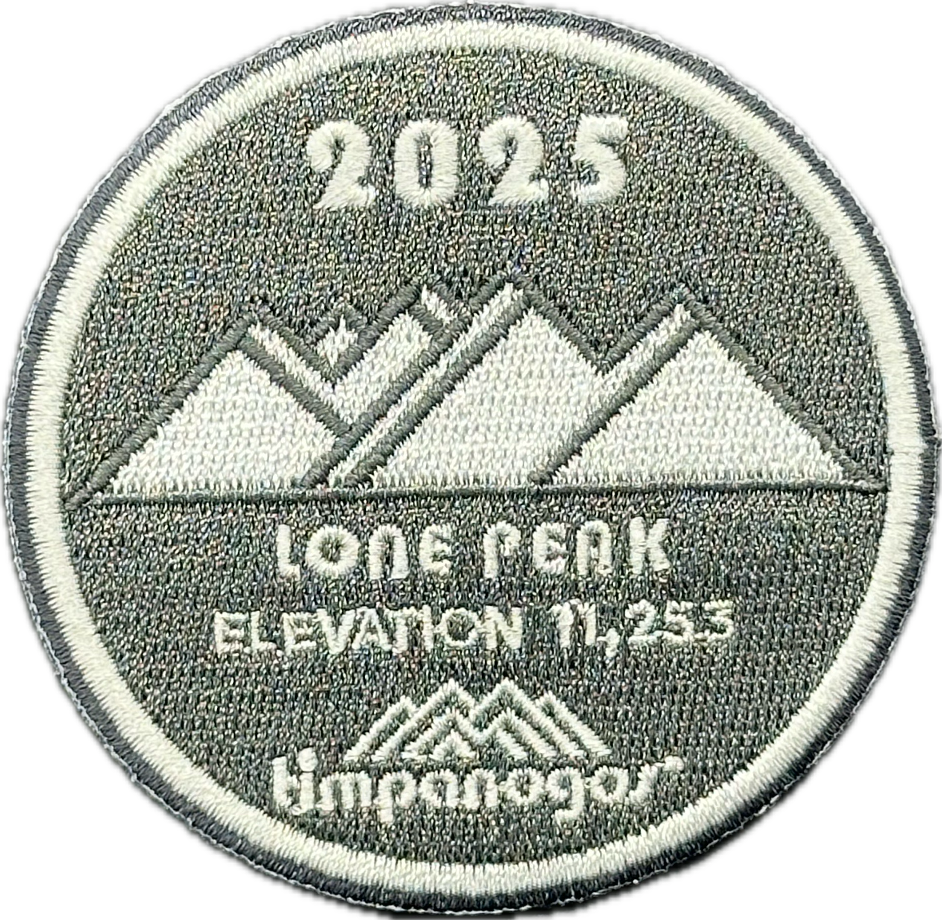 2025 Timpanogos "Lone Peak" patch in gray and white with the mountain design. It features the peak labeled "Lone Peak" at an elevation of 11,253 feet, with the Timpanogos Hiking Co. logo below.