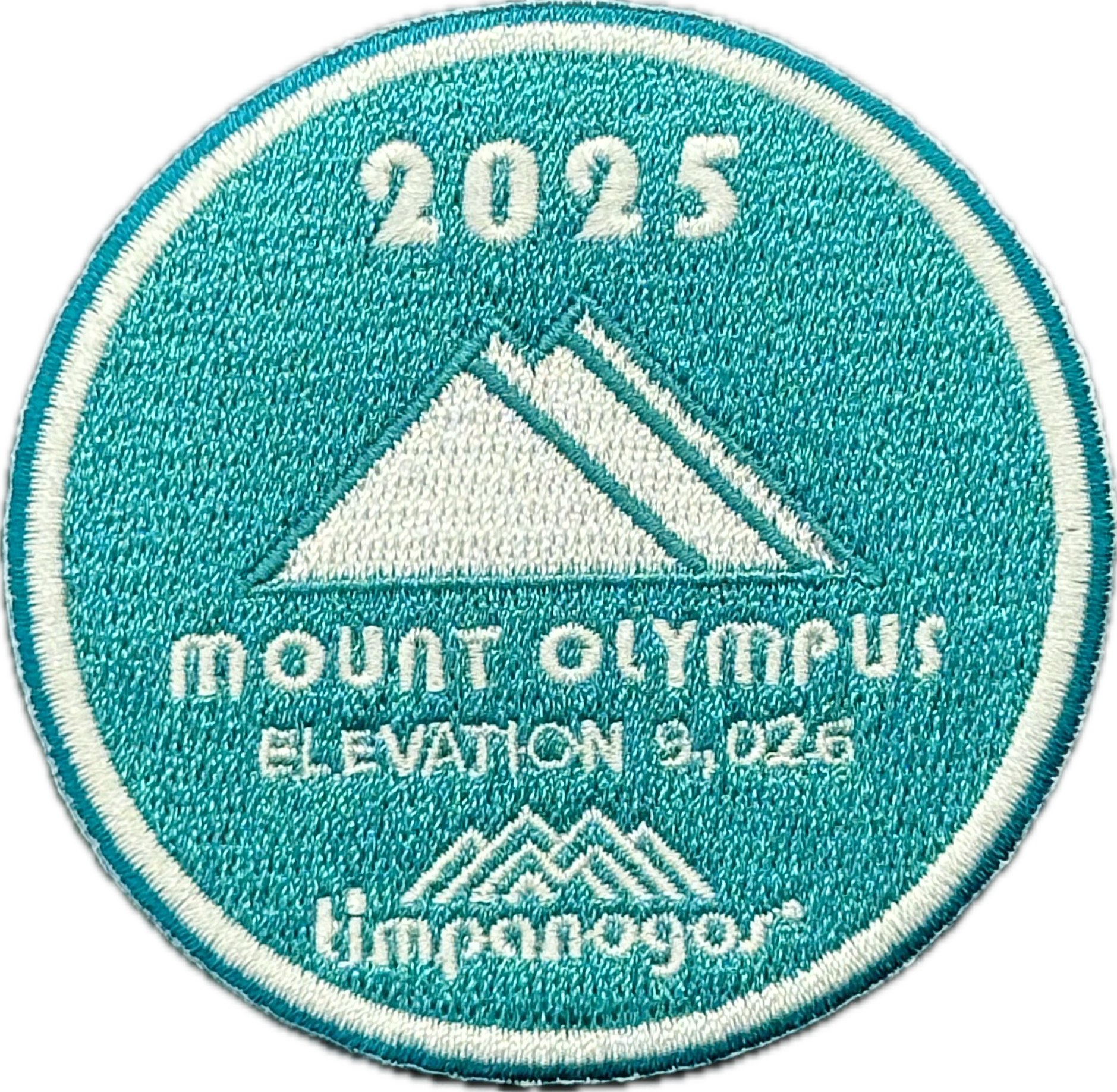 2025 Timpanogos "Mount Olympus" patch in turquoise and white, featuring a mountain design with "Mount Olympus" and its elevation of 9,026 feet, accompanied by the Timpanogos Hiking Co. logo at the bottom.