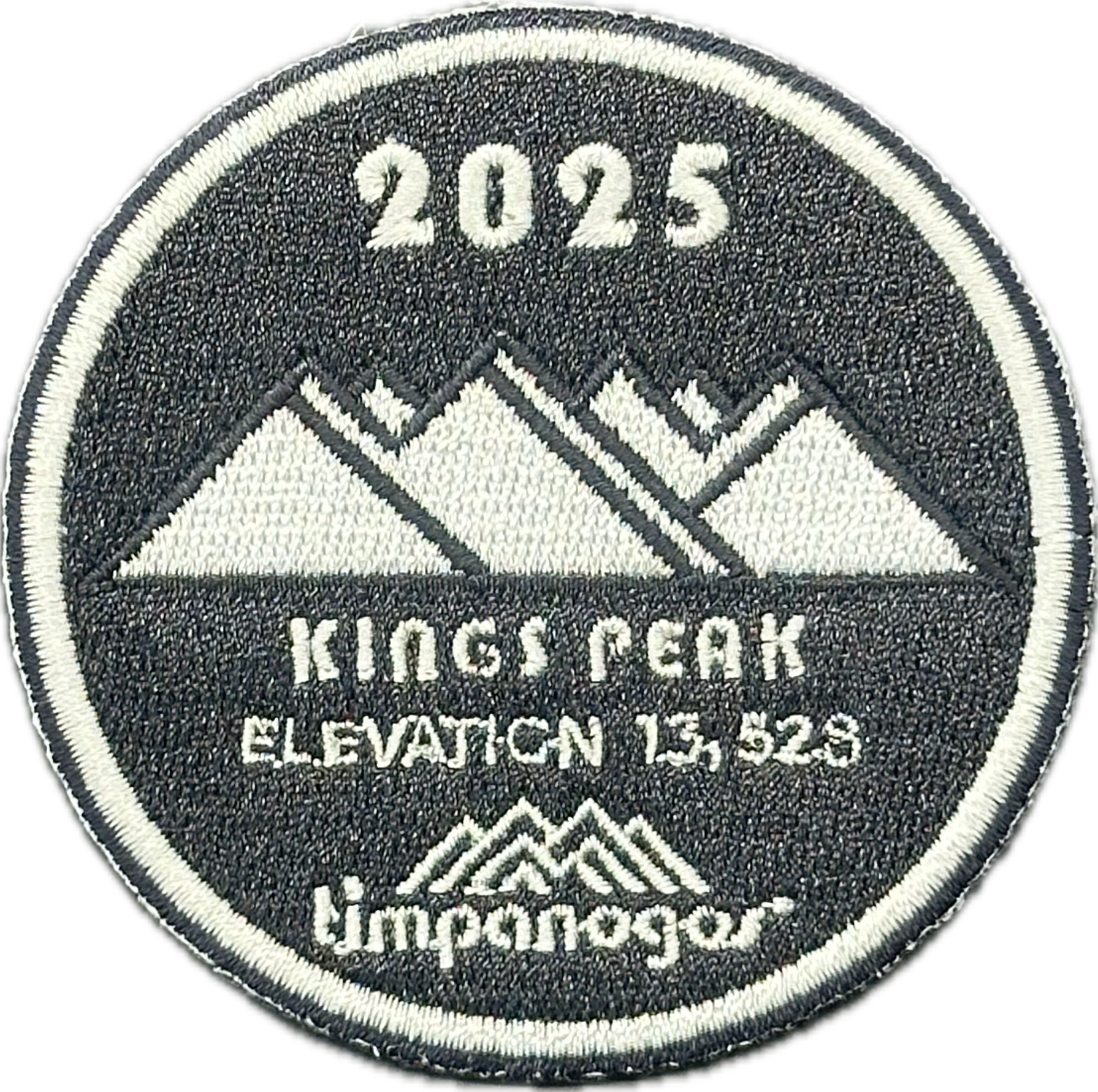 2025 Timpanogos “Kings Peak” patch in dark gray with white embroidery. Features a triple peak mountain design, labeled “Kings Peak” with an elevation of 13,528 feet, and includes the Timpanogos Hiking Co. logo below.