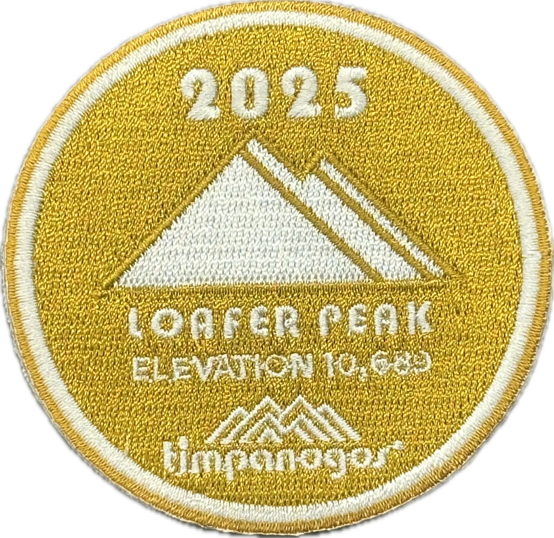 2025 Timpanogos “Loafer Peak” patch in gold with white embroidery. Features a mountain design with the peak labeled “Loafer Peak” at an elevation of 10,663 feet, and includes the Timpanogos Hiking Co. logo beneath.