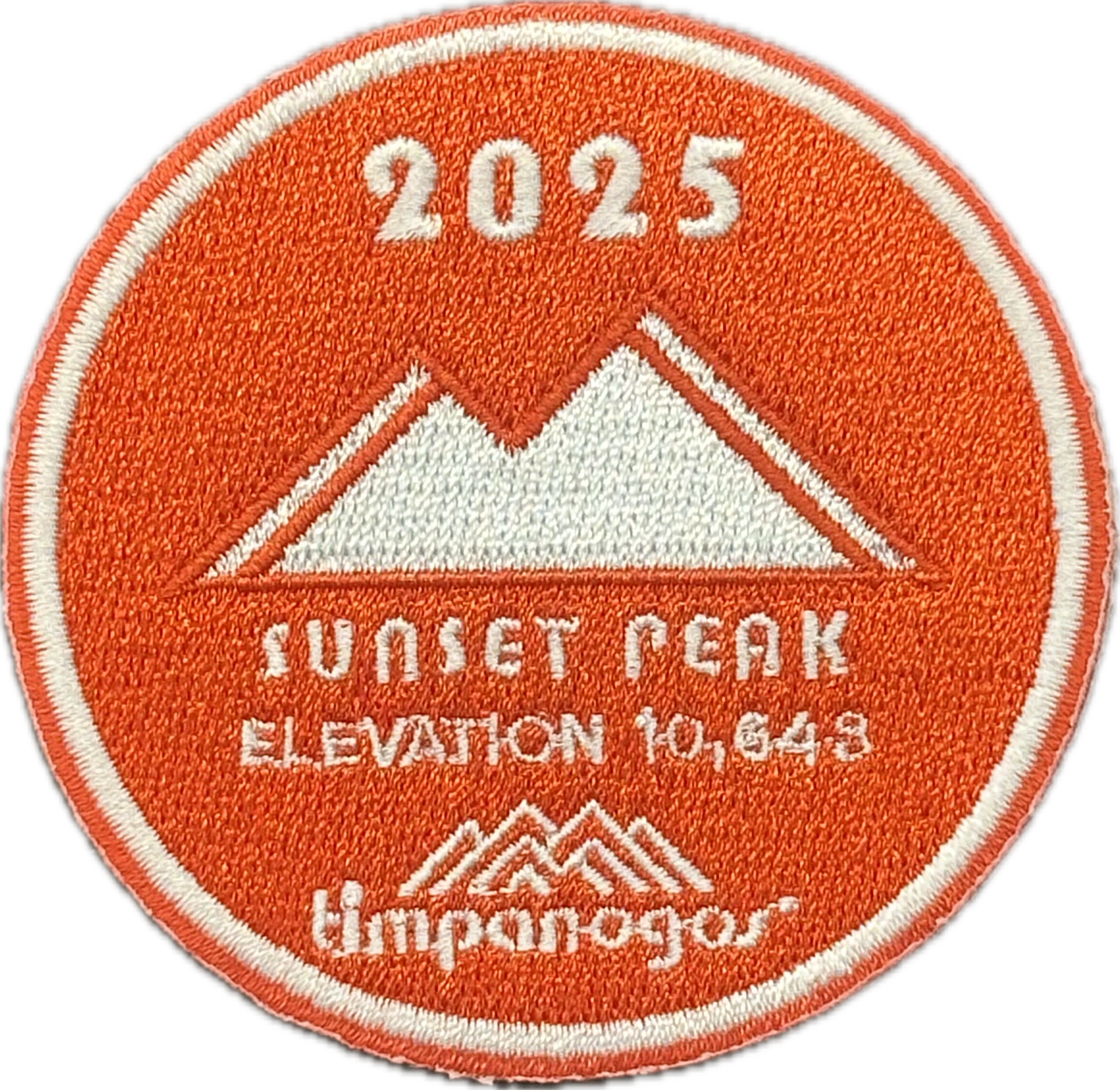 2025 Timpanogos "Sunset Peak" patch in orange and white, featuring the mountain design with "Sunset Peak" at an elevation of 10,643 feet, with the Timpanogos Hiking Co. logo at the bottom.