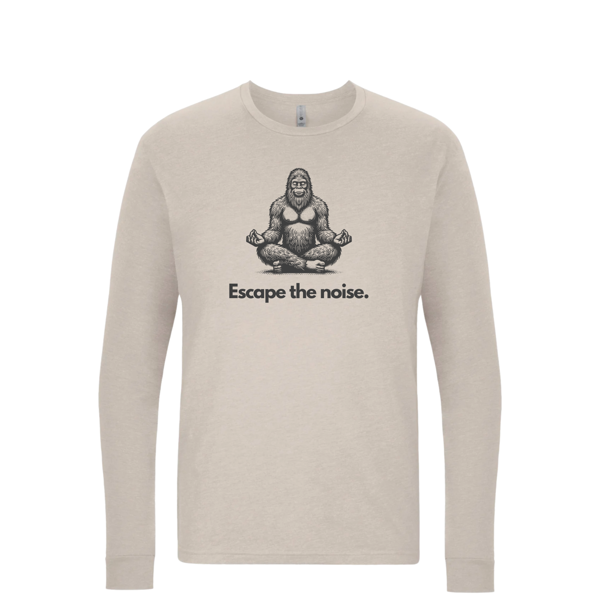 Heather Cream long sleeve shirt featuring a meditating Sasquatch graphic with the "Escape the noise" slogan, ideal for those who love nature and outdoor relaxation