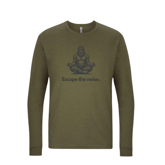 Heather Military Green long sleeve shirt featuring a meditating Sasquatch graphic with the "Escape the noise" slogan, ideal for those who love nature and outdoor relaxation