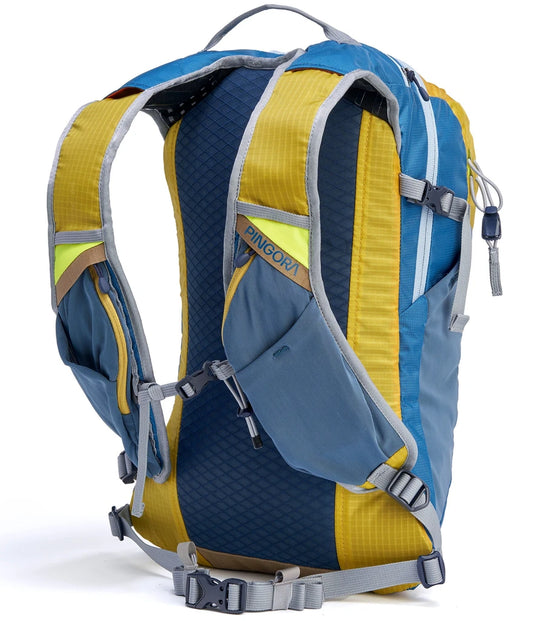 yellow and blue Timpanogos x Pingora technical backpack with neon yellow accents and padded shoulder straps, designed for alpine trekking, backcountry performance, and all-day trail comfort.