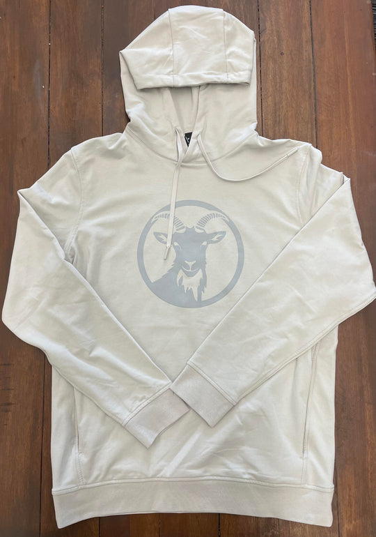 Casual Heather Cream sweatshirt with a soft gray goat logo in a circular design, ideal for staying cozy after a hike or adventure