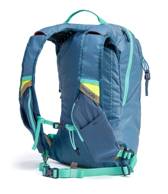 light blue Timpanogos x Pingora technical backpack with neon yellow accents and padded shoulder straps, designed for alpine trekking, backcountry performance, and all-day trail comfort.