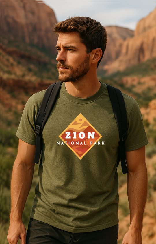 Man hiking in Zion National Park wearing an olive green t-shirt with a diamond-shaped graphic in orange and red tones that reads "Zion National Park." He carries a black backpack and stands against a backdrop of red rock cliffs and lush desert vegetation.