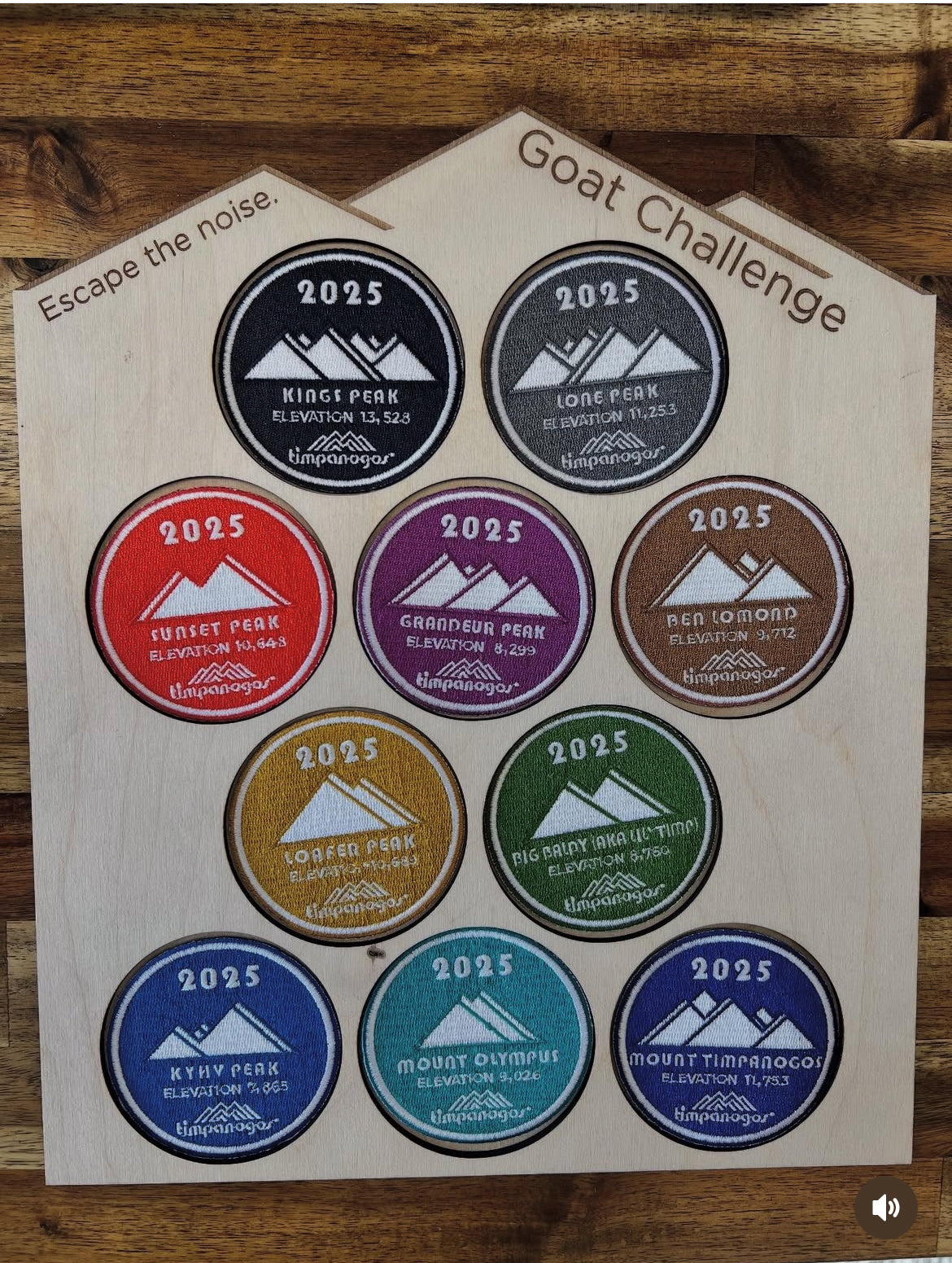 Display with the 2025 Timpanogos Hiking Challenge Goat Badges