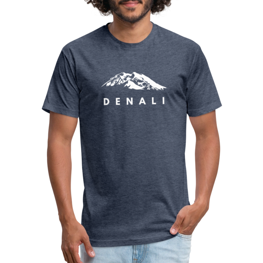 Man wearing a heather navy Denali graphic t-shirt from Timpanogos Hiking Co., featuring a bold white mountain design inspired by Alaska’s tallest peak — rugged outdoor adventure apparel.