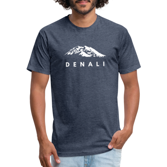 Man wearing a heather navy Denali graphic t-shirt from Timpanogos Hiking Co., featuring a bold white mountain design inspired by Alaska’s tallest peak — rugged outdoor adventure apparel.
