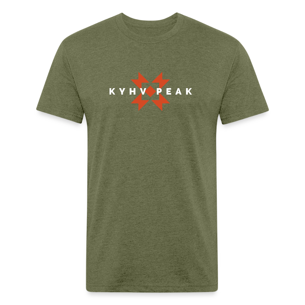 heather military green t-shirt featuring a bold "KYHV PEAK" graphic with orange geometric elements, perfect for those who love mountain-inspired designs

