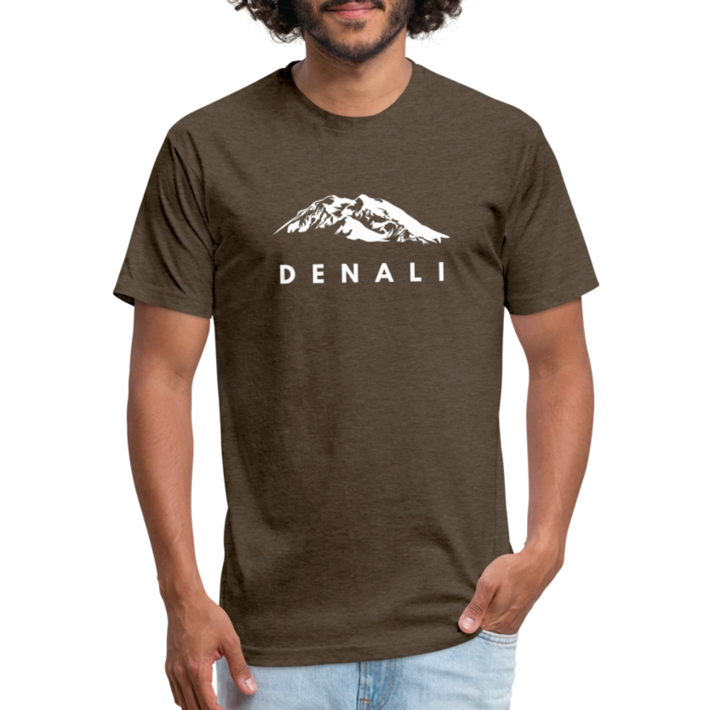 Man wearing a heather brown Denali t-shirt from Timpanogos Hiking Co., featuring a bold white mountain graphic — rugged unisex outdoor apparel inspired by Alaska’s wilderness.