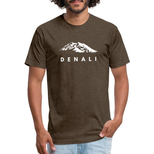 Man wearing a heather brown Denali t-shirt from Timpanogos Hiking Co., featuring a bold white mountain graphic — rugged unisex outdoor apparel inspired by Alaska’s wilderness.