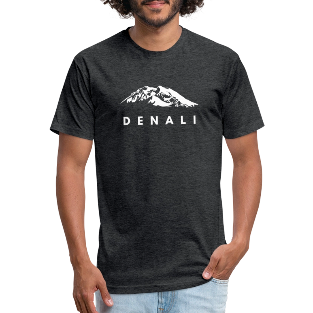 Man wearing a heather black Denali t-shirt from Timpanogos Hiking Co., featuring a bold white mountain graphic — rugged unisex outdoor tee inspired by Alaska’s iconic peak.