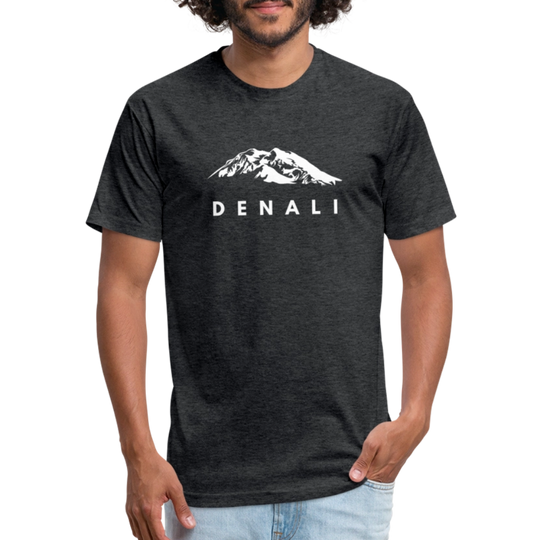 Man wearing a heather black Denali t-shirt from Timpanogos Hiking Co., featuring a bold white mountain graphic — rugged unisex outdoor tee inspired by Alaska’s iconic peak.