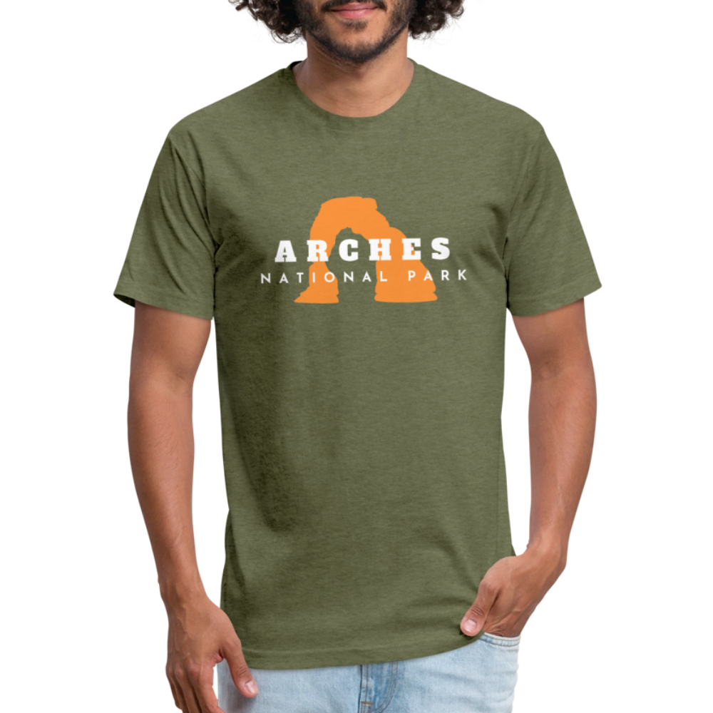 heather military green t-shirt featuring a bold orange graphic of Delicate Arch, with "Arches National Park" text in white for outdoor adventure lovers, and those who love national parks.
