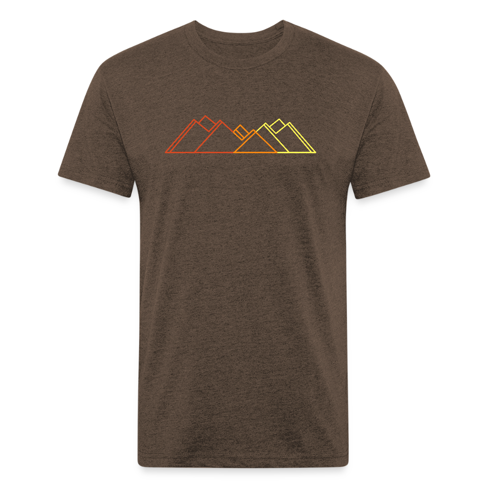 Heather brown t-shirt featuring a minimalist mountain line graphic in gradient sunset tones—red, orange, and yellow—perfect for outdoor enthusiasts and lovers of modern trail style.