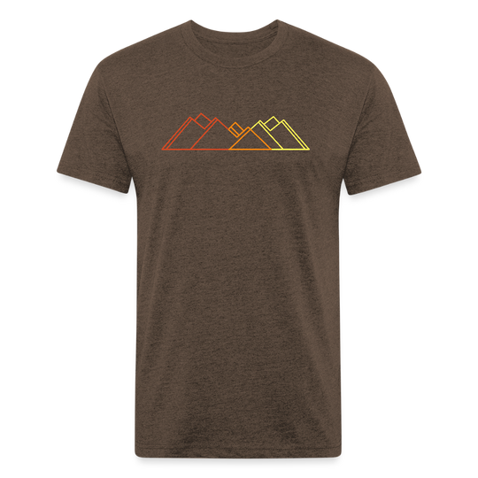 Heather brown t-shirt featuring a minimalist mountain line graphic in gradient sunset tones—red, orange, and yellow—perfect for outdoor enthusiasts and lovers of modern trail style.
