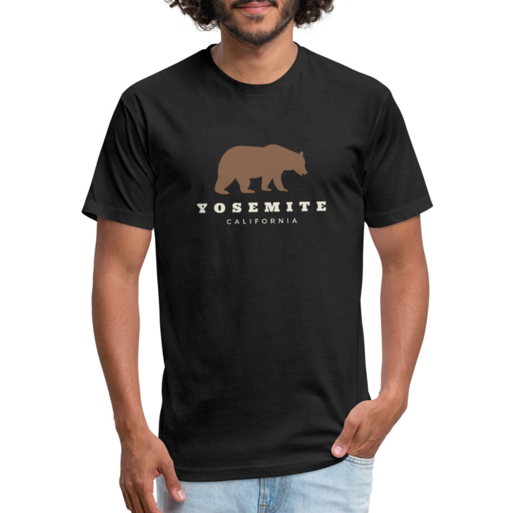 Black t-shirt featuring a brown bear graphic and the words "YOSEMITE CALIFORNIA" in vintage-style font, perfect for outdoor adventures in Yosemite National Park