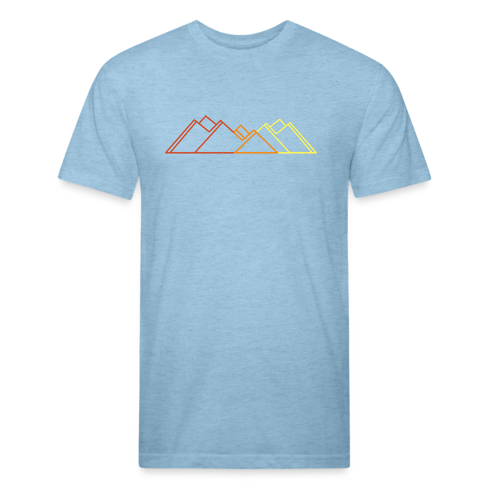 Heather light blue t-shirt featuring a minimalist mountain line graphic in gradient sunset tones—red, orange, and yellow—perfect for outdoor enthusiasts and lovers of modern trail style.
