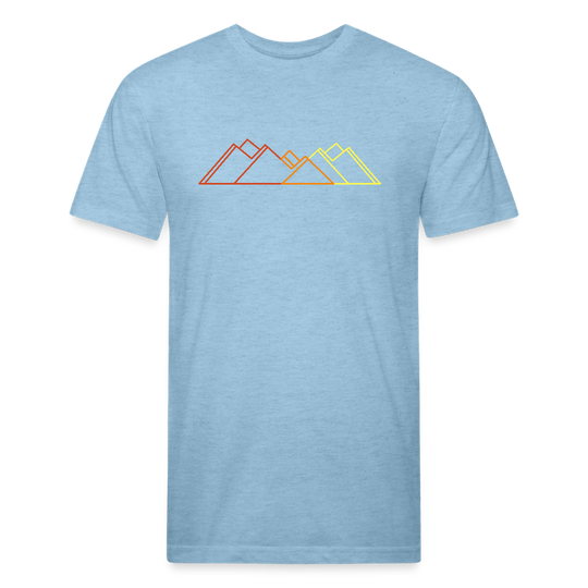 Heather light blue t-shirt featuring a minimalist mountain line graphic in gradient sunset tones—red, orange, and yellow—perfect for outdoor enthusiasts and lovers of modern trail style.
