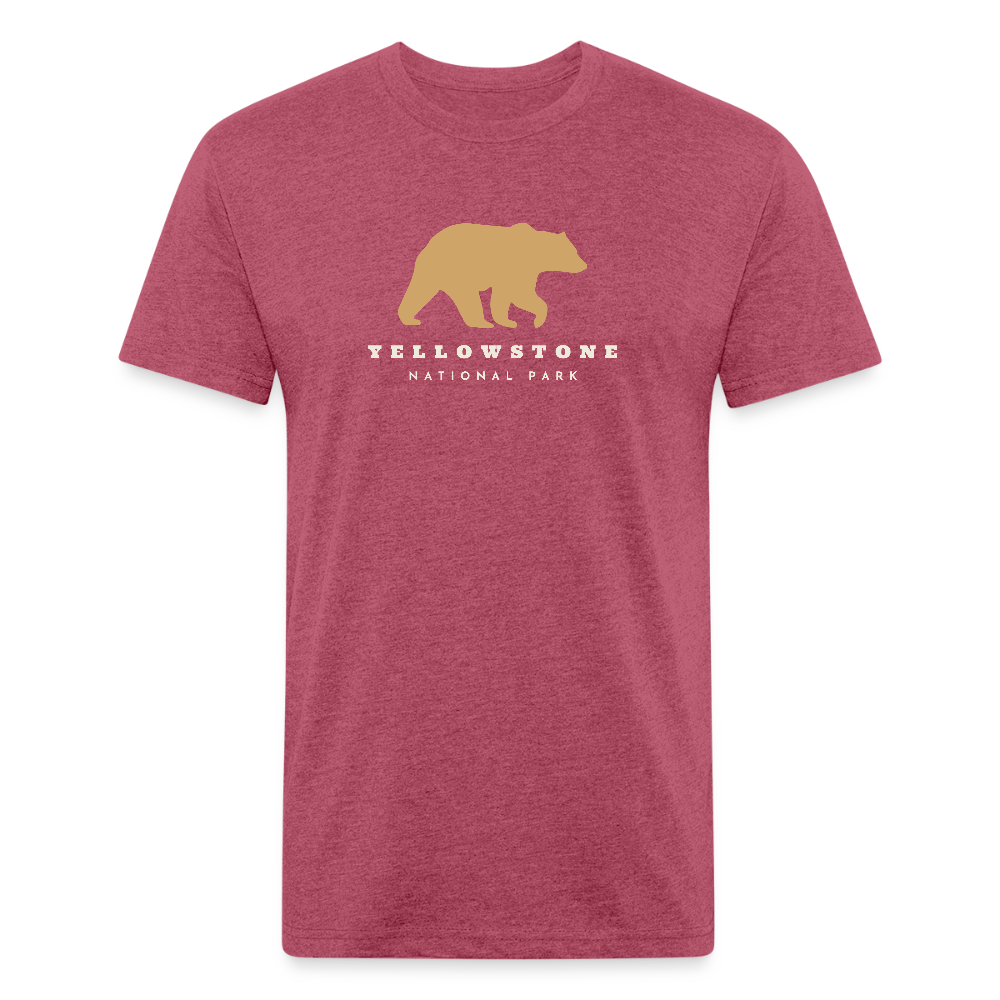 heather burgundy t-shirt featuring a gold bear graphic and the words "YELLOWSTONE NATIONAL PARK," perfect for visitors and explorers of Yellowstone’s iconic landscapes

