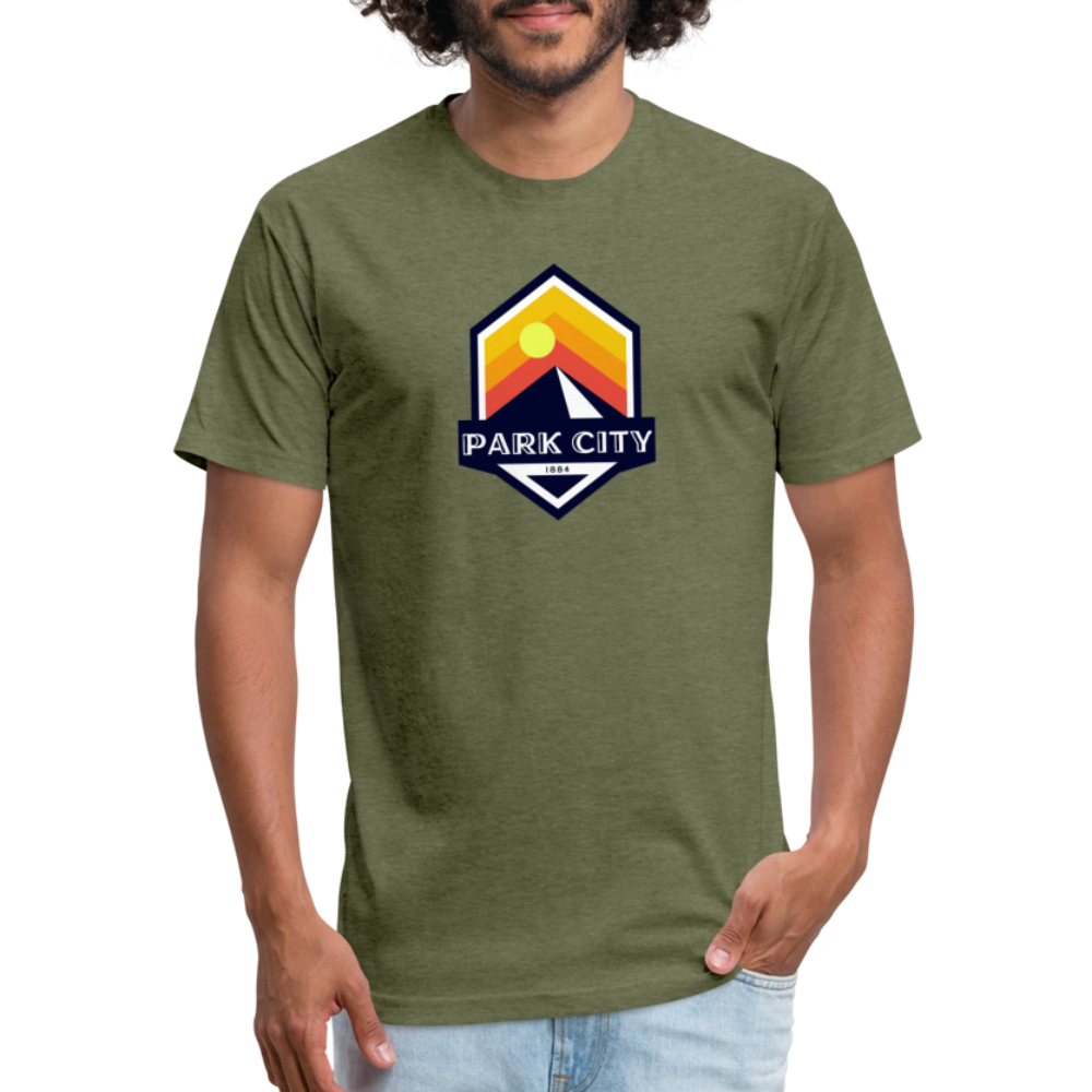 Park City T-shirt in heather military green featuring a retro-inspired logo with a sun and mountain design, and "PARK CITY" text, representing the outdoor adventure spirit of Timpanogos Hiking Co.

