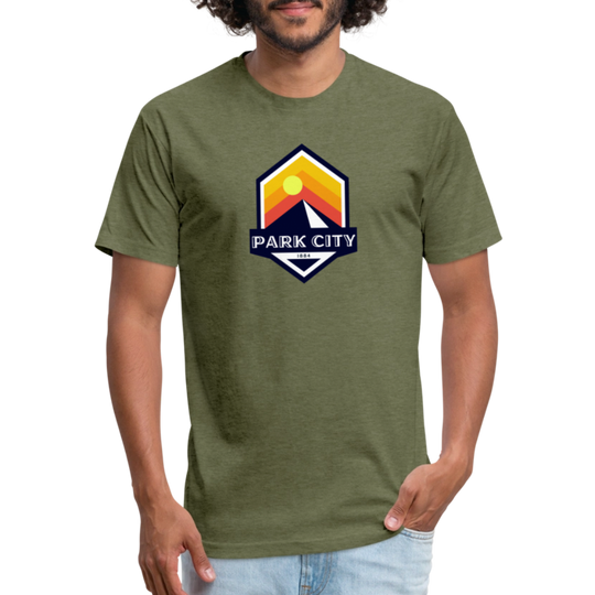 Park City T-shirt in heather military green featuring a retro-inspired logo with a sun and mountain design, and "PARK CITY" text, representing the outdoor adventure spirit of Timpanogos Hiking Co.

