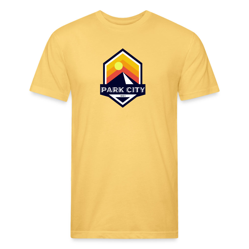 Park City T-shirt in Butter Yellow featuring a retro-inspired logo with a sun and mountain design, and "PARK CITY" text, representing the outdoor adventure spirit of Timpanogos Hiking Co.

