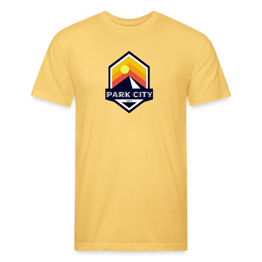 Park City T-shirt in Butter Yellow featuring a retro-inspired logo with a sun and mountain design, and "PARK CITY" text, representing the outdoor adventure spirit of Timpanogos Hiking Co.

