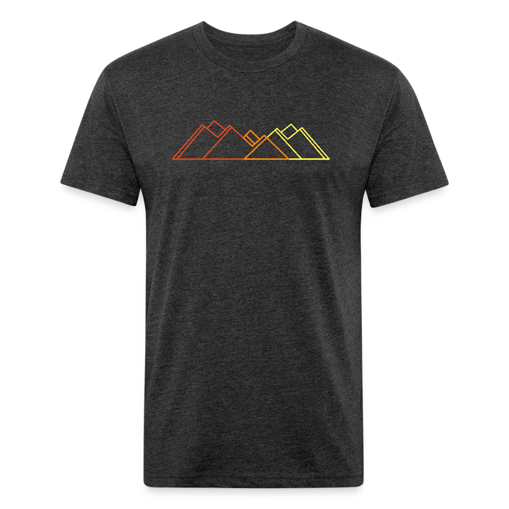 Heather black t-shirt featuring a minimalist mountain line graphic in gradient sunset tones—red, orange, and yellow—perfect for outdoor enthusiasts and lovers of modern trail style.