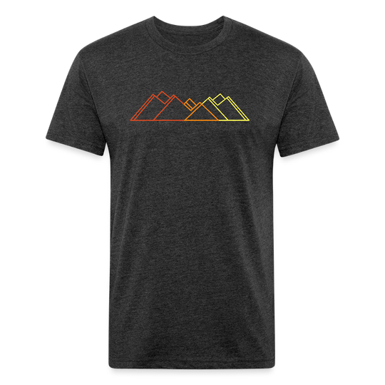 Heather black t-shirt featuring a minimalist mountain line graphic in gradient sunset tones—red, orange, and yellow—perfect for outdoor enthusiasts and lovers of modern trail style.