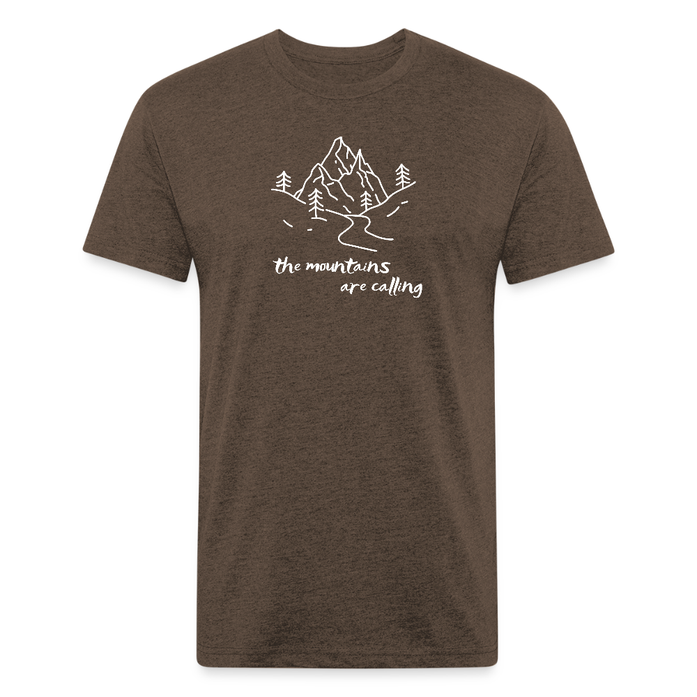 heather espresso t-shirt featuring a hand-drawn mountain scene with the phrase "the mountains are calling" in white, perfect for outdoor adventurers and nature lovers


