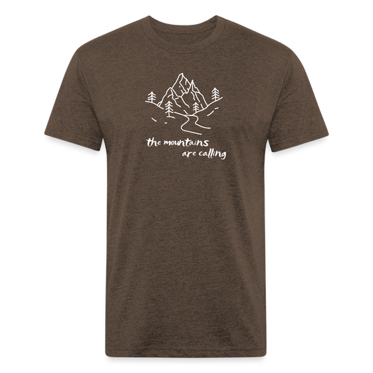 heather espresso t-shirt featuring a hand-drawn mountain scene with the phrase "the mountains are calling" in white, perfect for outdoor adventurers and nature lovers


