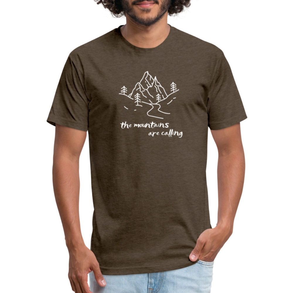 heather espresso t-shirt featuring a hand-drawn mountain scene with the phrase "the mountains are calling" in white, perfect for outdoor adventurers and nature lovers

